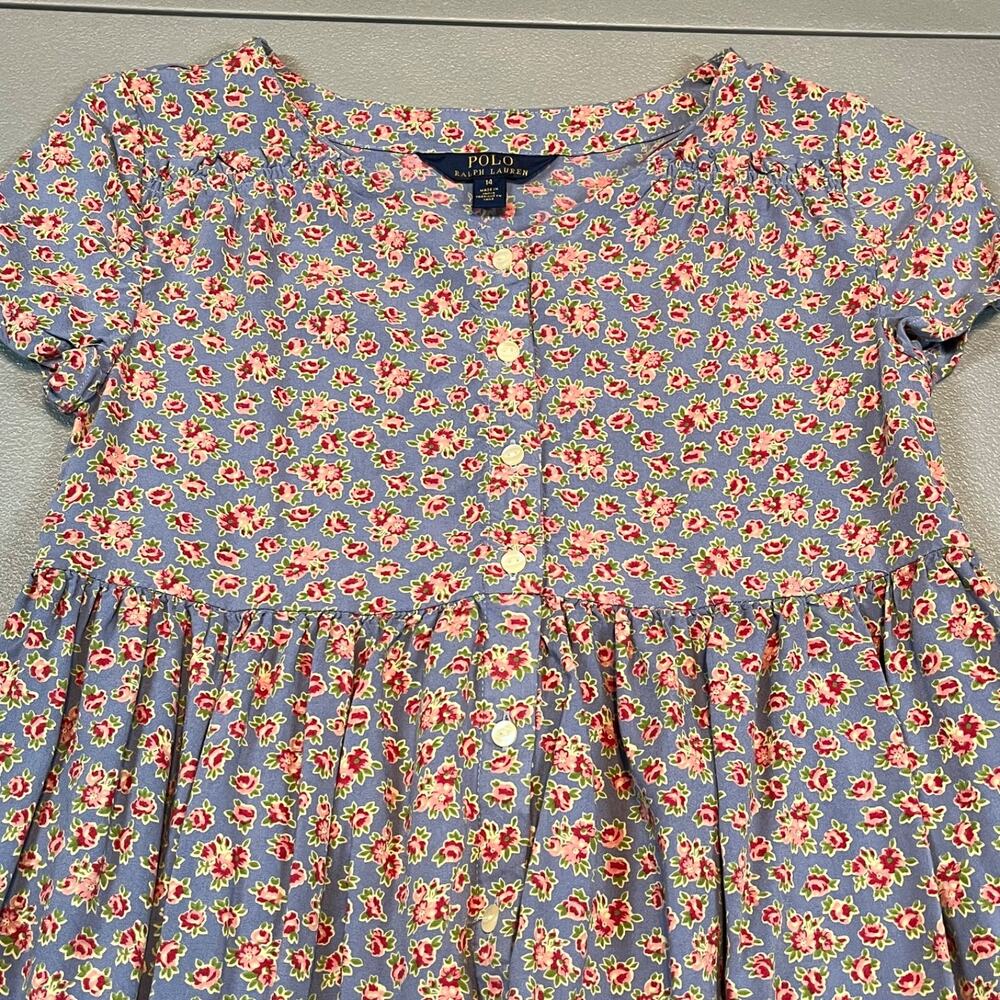 Polo Ralph Lauren Girls 14 Tiered Wiggle Blue Short Sleeve Floral Modest Dress